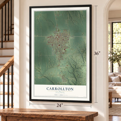 Carrollton, Illinois map, 24 x 36 inch print in a black frame by a staircase