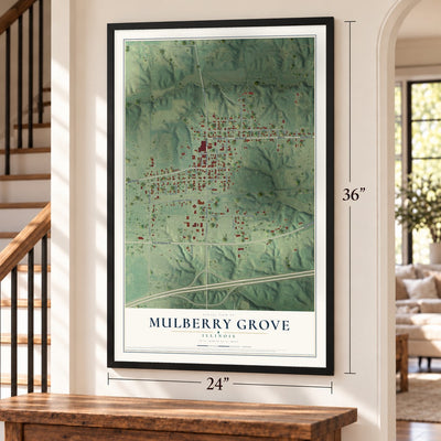 Mulberry Grove, Illinois map, 24 x 36 inch print in a black frame by a staircase