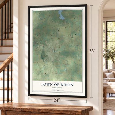 Town of Ripon, Wisconsin map, 24 x 36 inch print in a black frame by a staircase