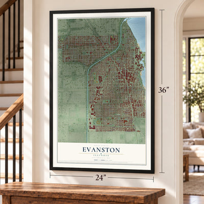 Evanston, Illinois map, 24 x 36 inch print in a black frame by a staircase