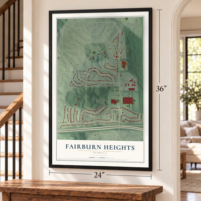 Fairburn Heights, Georgia map, 24 x 36 inch print in a black frame by a staircase