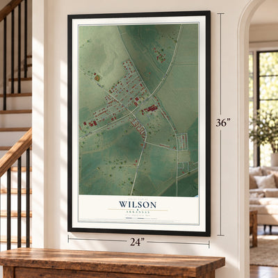 Wilson, Arkansas map, 24 x 36 inch print in a black frame by a staircase