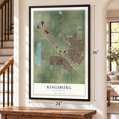 Kingsburg, California map, 24 x 36 inch print in a black frame by a staircase