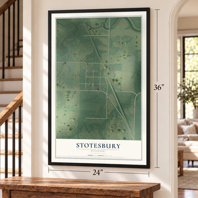 Stotesbury, Missouri map, 24 x 36 inch print in a black frame by a staircase