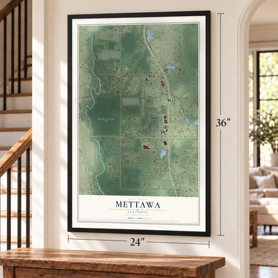 Mettawa, Illinois map, 24 x 36 inch print in a black frame by a staircase