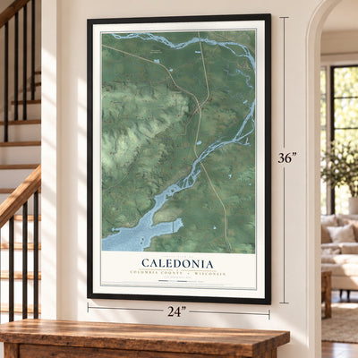 Caledonia, Columbia County, Wisconsin map, 24 x 36 inch print in a black frame by a staircase