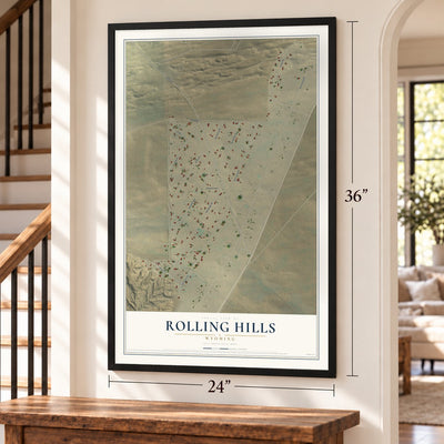 Rolling Hills, Wyoming map, 24 x 36 inch print in a black frame by a staircase