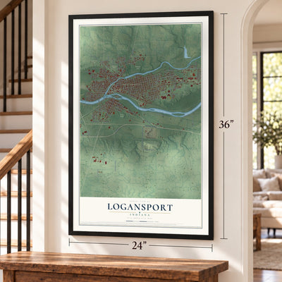 Logansport, Indiana map, 24 x 36 inch print in a black frame by a staircase