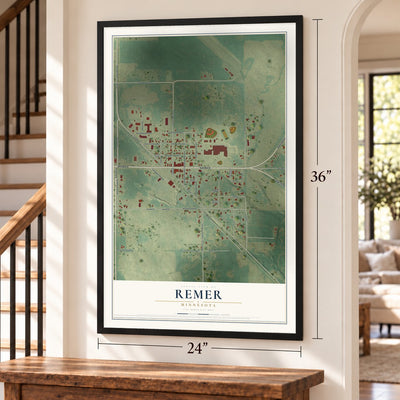Remer, Minnesota map, 24 x 36 inch print in a black frame by a staircase