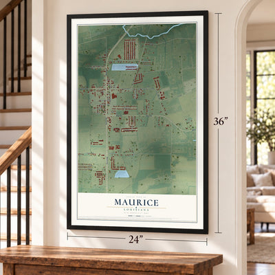 Maurice, Louisiana map, 24 x 36 inch print in a black frame by a staircase