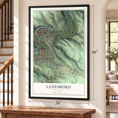Lanesboro, Minnesota map, 24 x 36 inch print in a black frame by a staircase