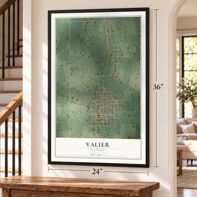 Valier, Illinois map, 24 x 36 inch print in a black frame by a staircase