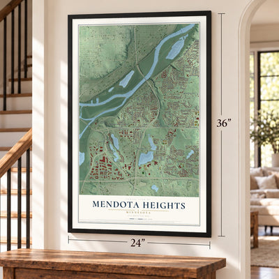 Mendota Heights, Minnesota map, 24 x 36 inch print in a black frame by a staircase
