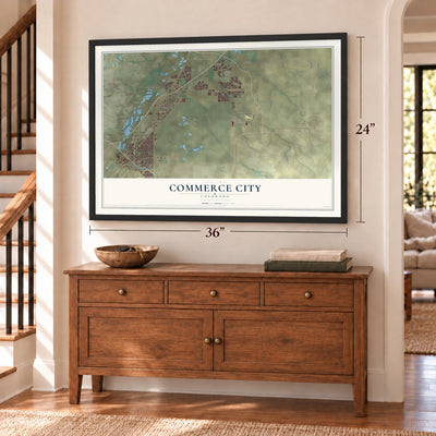 Commerce City, Colorado map, 24 x 36 inch print in a black frame above a dresser by a staircase