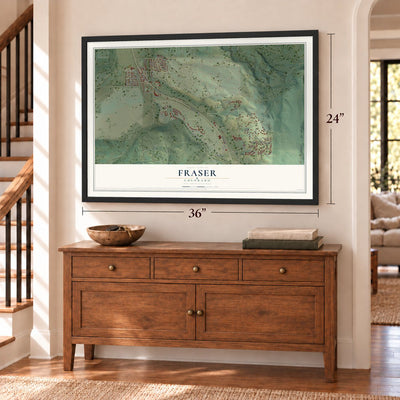Fraser, Colorado map, 24 x 36 inch print in a black frame above a dresser by a staircase