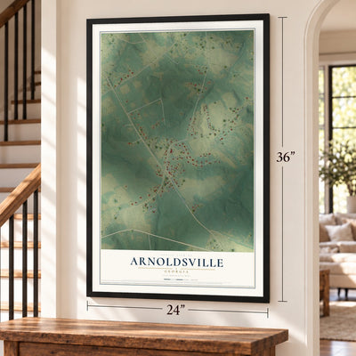 Arnoldsville, Georgia map, 24 x 36 inch print in a black frame by a staircase
