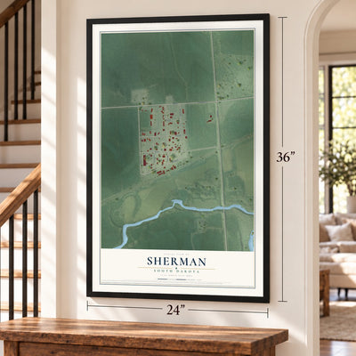Sherman, South Dakota map, 24 x 36 inch print in a black frame by a staircase