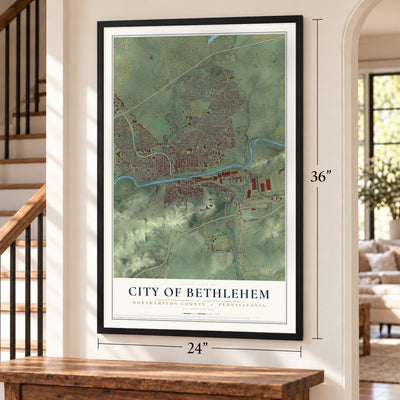City of Bethlehem, Northampton County, Pennsylvania map, 24 x 36 inch print in a black frame by a staircase