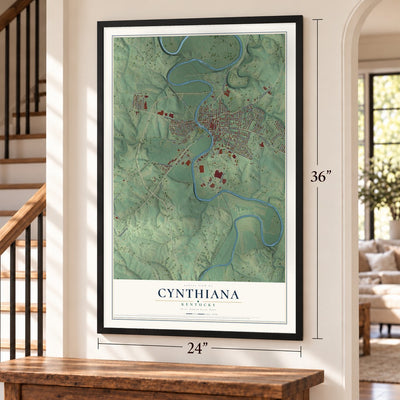 Cynthiana, Kentucky map, 24 x 36 inch print in a black frame by a staircase