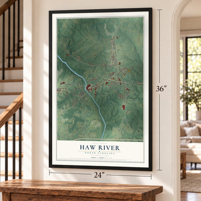 Haw River, North Carolina map, 24 x 36 inch print in a black frame by a staircase