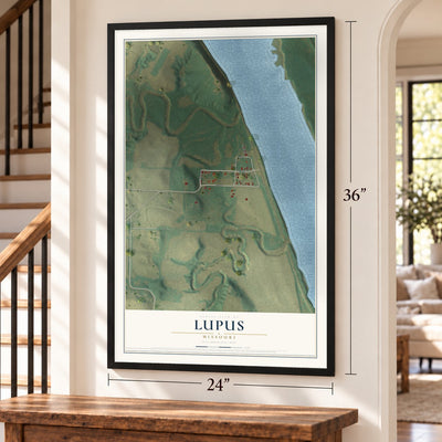 Lupus, Missouri map, 24 x 36 inch print in a black frame by a staircase