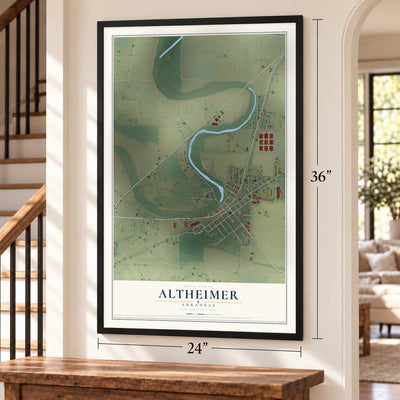 Altheimer, Arkansas map, 24 x 36 inch print in a black frame by a staircase