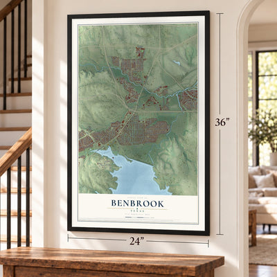 Benbrook, Texas map, 24 x 36 inch print in a black frame by a staircase