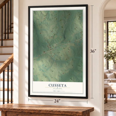 Cusseta, Alabama map, 24 x 36 inch print in a black frame by a staircase