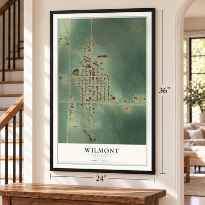 Wilmont, Minnesota map, 24 x 36 inch print in a black frame by a staircase