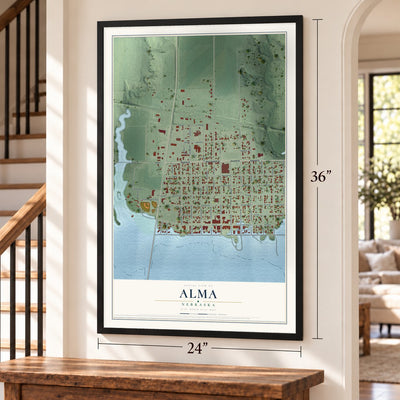 Alma, Nebraska map, 24 x 36 inch print in a black frame by a staircase