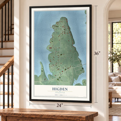 Higden, Arkansas map, 24 x 36 inch print in a black frame by a staircase
