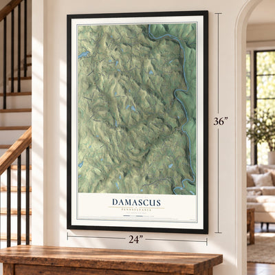 Damascus, Pennsylvania map, 24 x 36 inch print in a black frame by a staircase