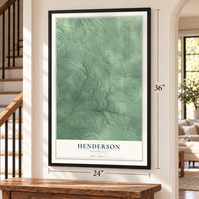 Henderson, Michigan map, 24 x 36 inch print in a black frame by a staircase