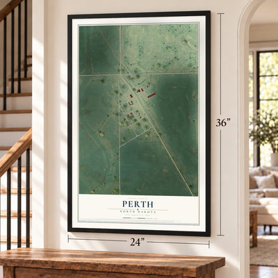 Perth, North Dakota map, 24 x 36 inch print in a black frame by a staircase