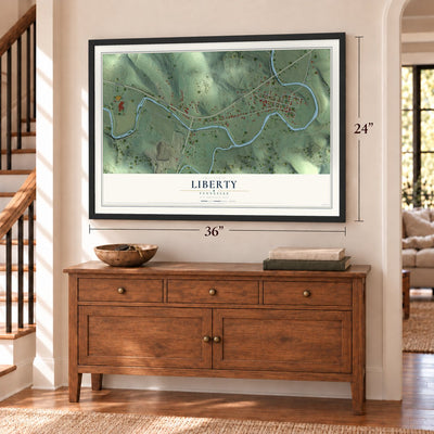 Liberty, Tennessee map, 24 x 36 inch print in a black frame above a dresser by a staircase