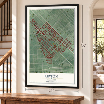 Upton, Maryland map, 24 x 36 inch print in a black frame by a staircase
