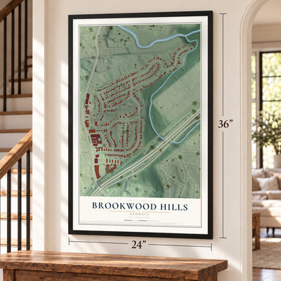 Brookwood Hills, Georgia map, 24 x 36 inch print in a black frame by a staircase