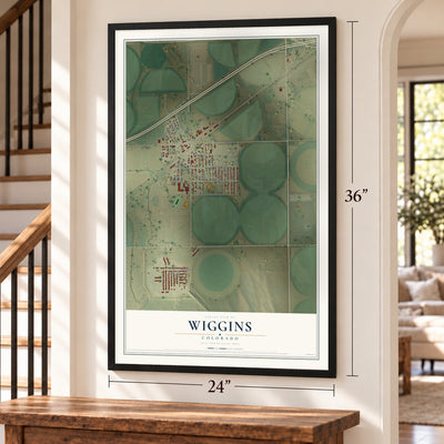 Wiggins, Colorado map, 24 x 36 inch print in a black frame by a staircase