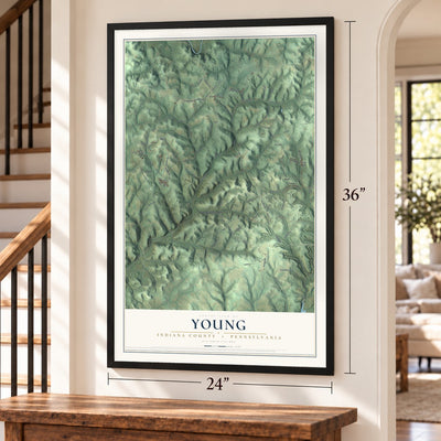 Young, Indiana County, Pennsylvania map, 24 x 36 inch print in a black frame by a staircase
