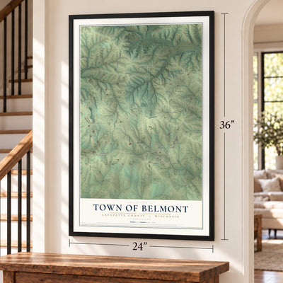 Town of Belmont, Lafayette County, Wisconsin map, 24 x 36 inch print in a black frame by a staircase