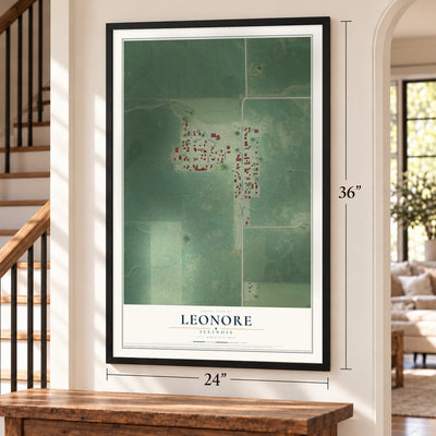 Leonore, Illinois map, 24 x 36 inch print in a black frame by a staircase