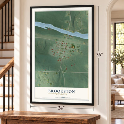Brookston, Minnesota map, 24 x 36 inch print in a black frame by a staircase