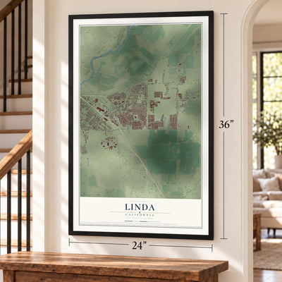 Linda, California map, 24 x 36 inch print in a black frame by a staircase
