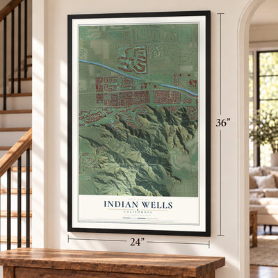 Indian Wells, California map, 24 x 36 inch print in a black frame by a staircase