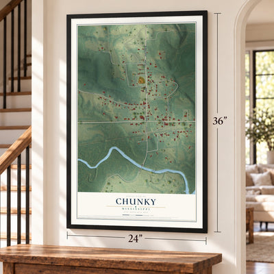 Chunky, Mississippi map, 24 x 36 inch print in a black frame by a staircase