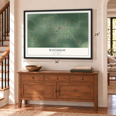 Winthrop, Arkansas map, 24 x 36 inch print in a black frame above a dresser by a staircase