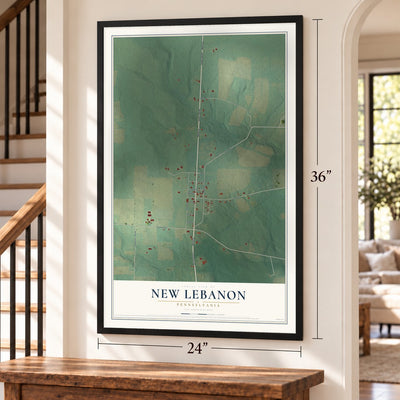 New Lebanon, Pennsylvania map, 24 x 36 inch print in a black frame by a staircase