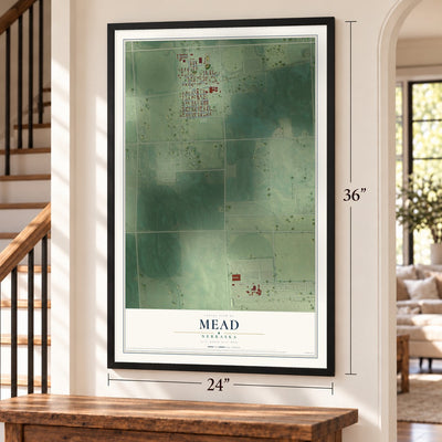 Mead, Nebraska map, 24 x 36 inch print in a black frame by a staircase