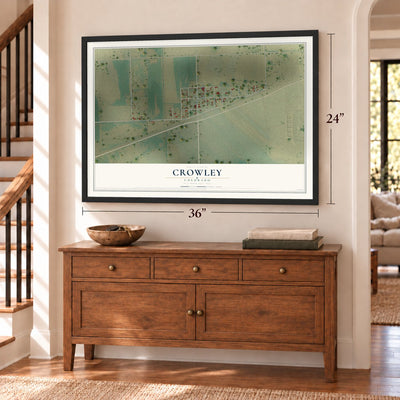 Crowley, Colorado map, 24 x 36 inch print in a black frame above a dresser by a staircase