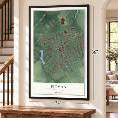 Pitman, New Jersey map, 24 x 36 inch print in a black frame by a staircase